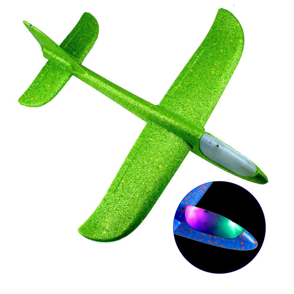 SHOWAY Flying Glider Planes With Flash LED Light 18.9" Foam Flight Mode Throwing Air Plane Aerobatic Airplane Outdoor Sport Game Toys Gift for Kids 3 4 5 6 7 Year Old Boy Green