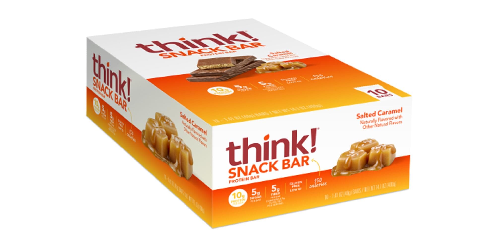 think! Protein Bars with Chicory Root for Fiber, Digestive Support, Gluten Free with Whey Protein Isolate, Salted Caramel, Snack Bars without Artificial Sweeteners, 1.4 Oz (10 Count)