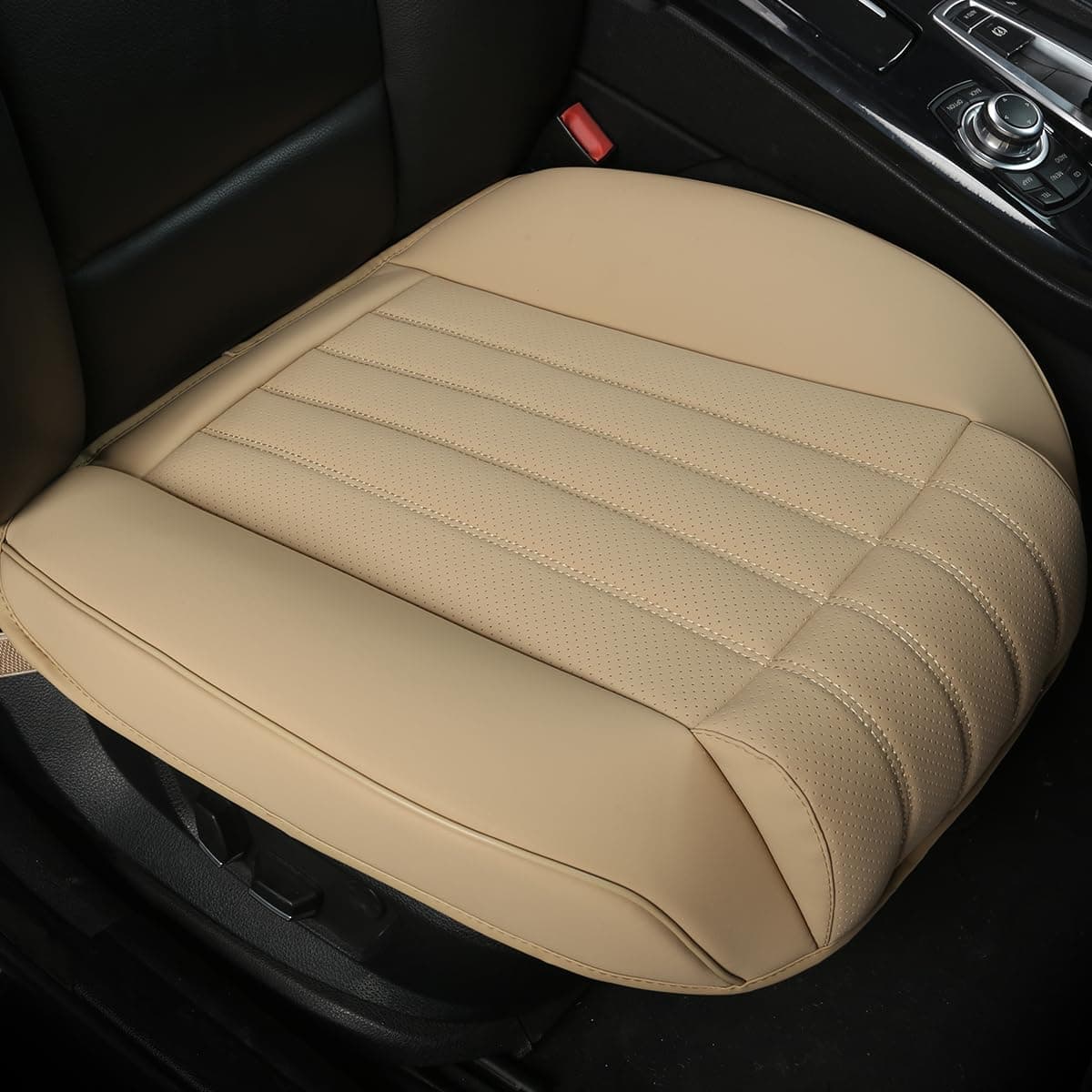 (1 PCS Car Seat Cover Width20.86 by deep 20.86 inches PU Leather Auto Bottom Seat Protector Cover with Comfort Leg Support Pillow Fit Most Front Driver Seat (Beige with Leg Rest)