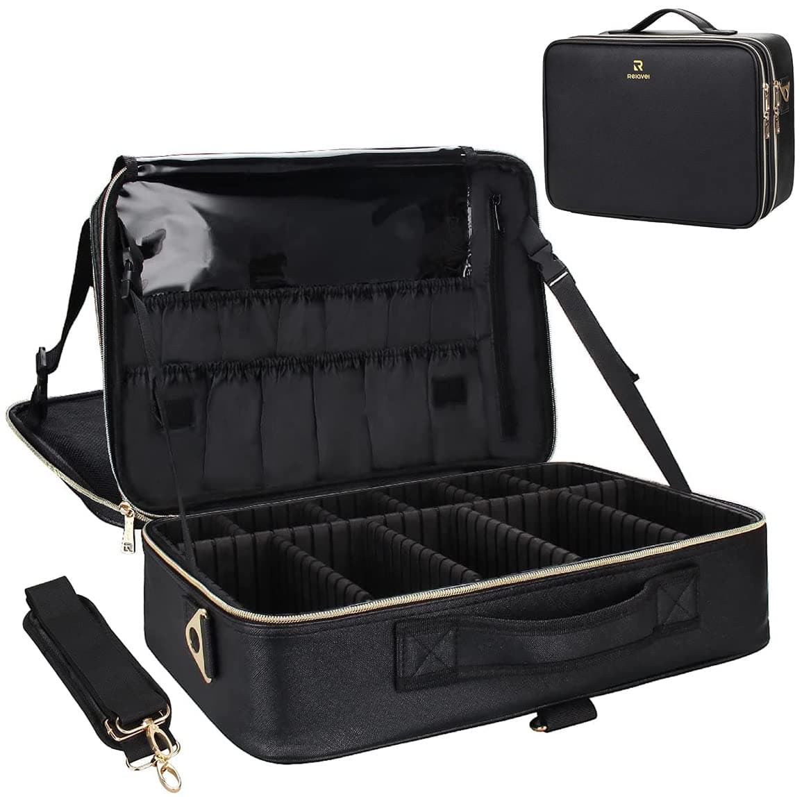 Makeup Case Large Makeup Bag Professional Train Case 16.5 inches Travel Cosmetic Organizer Brush Holder Waterproof Makeup Artist Storage Box, 3 Layer Large Capacity, with Adjustable Strap
