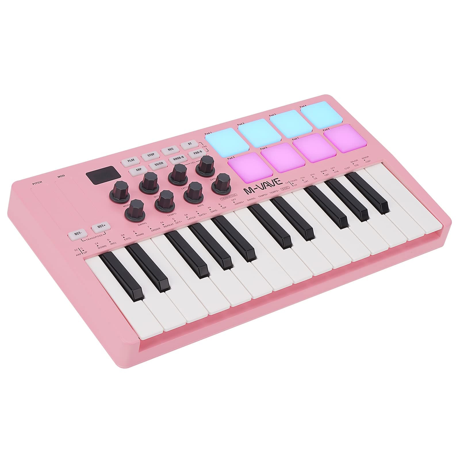 M-VAVE 25 Key USB MIDI Keyboard Controller With 8 Backlit Drum Pads, Bluetooth Semi Weighted Professional dynamic keybed 8 Knobs and Music Production,Software Included (Pink)