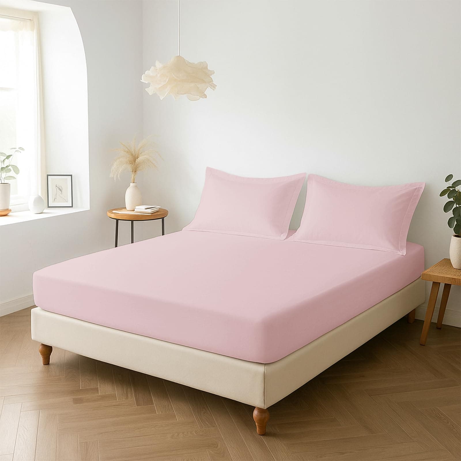 Pizuna Percale Fitted Sheet Double 140x200 cm with 2 Pillowcases, Light Pink, 100% Long Staple Cotton, Crisp Percale Weave, 40 cm Deep Fitted Sheets Double Bed