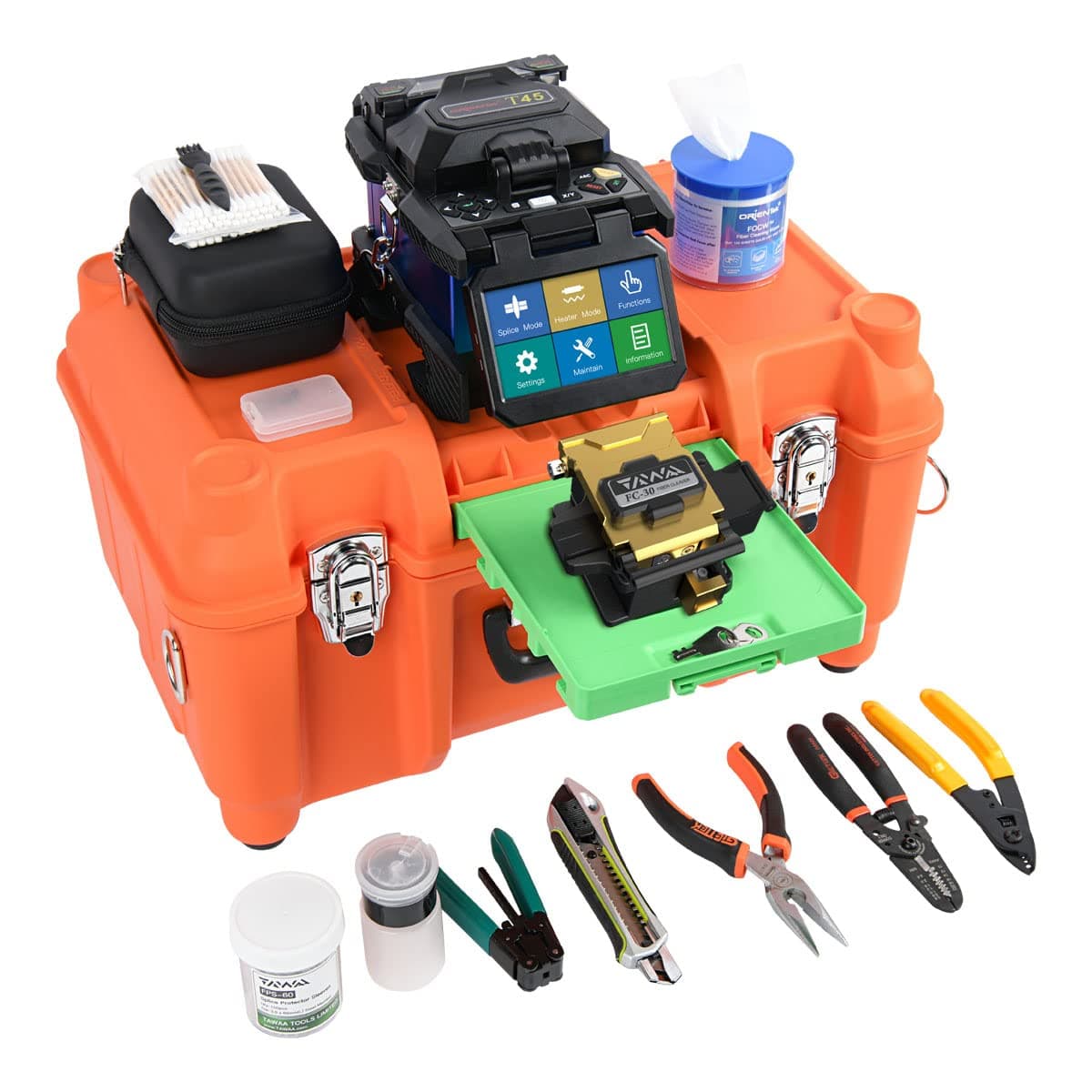 ORIENTEK T45 FTTH Fiber Optic Fusion Splicer Machine Core Alignment Fusion Splicing Machine 7sec Splice Time 250μm, 900μm Flat Cable Jump Cables Cleaver+Optic Power Meter