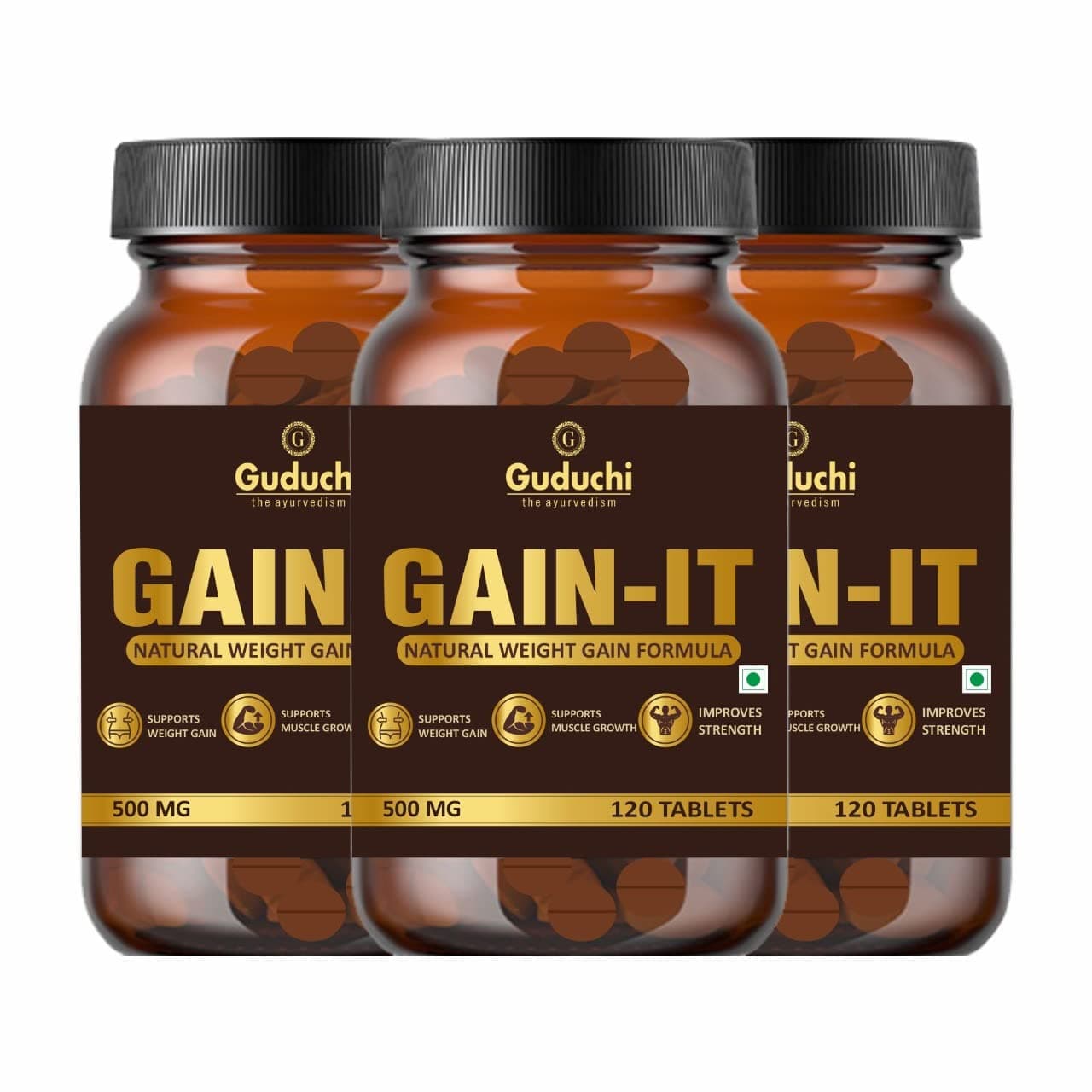 GAIN-IT Tablets for Fast Weight & Muscle Gain and Bone Strength | For Under weight men and women | Buy 3 and Pay for 2 | 500mg Tablets - 120 Tabs * 3 Bottles