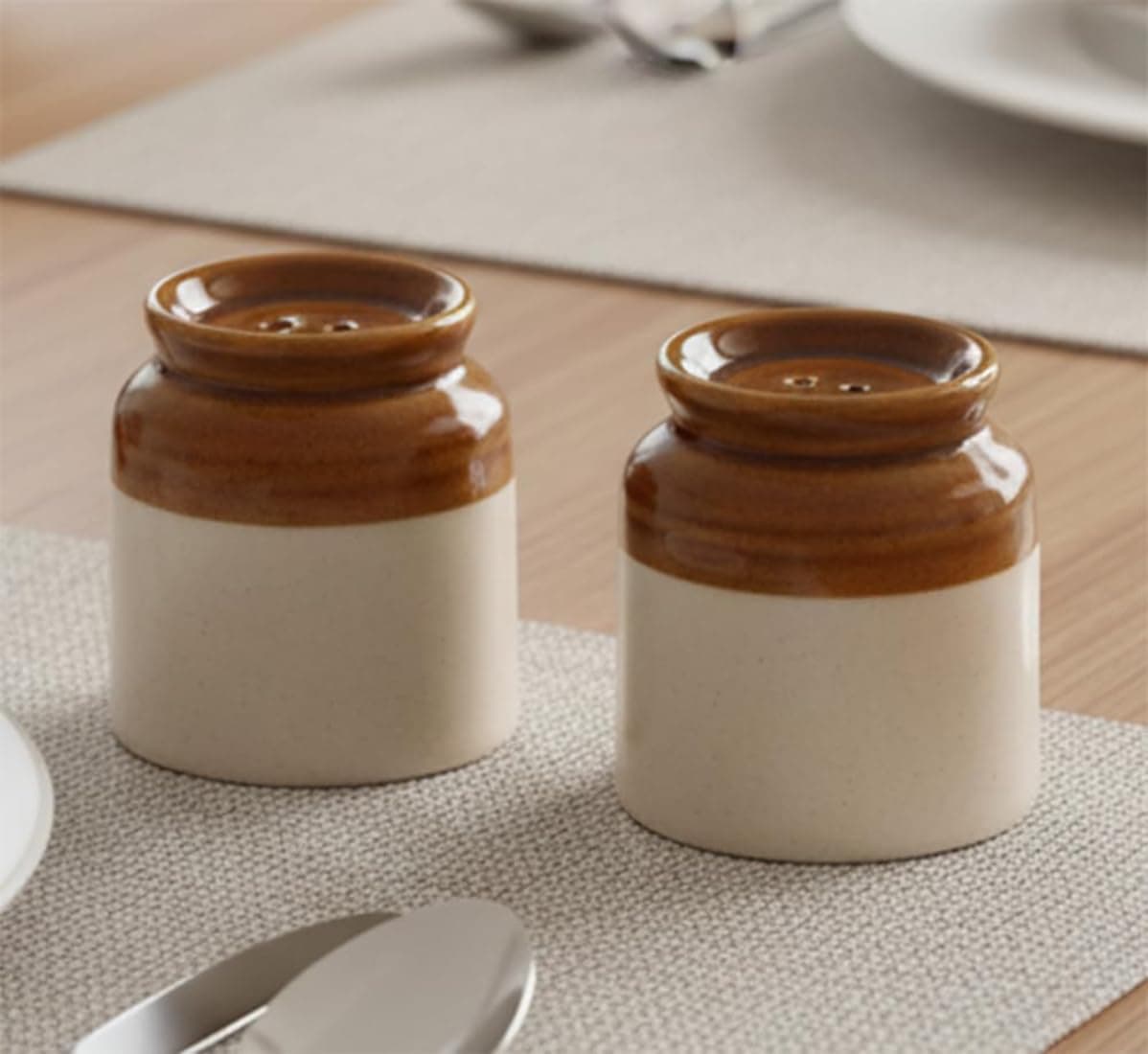 Salt Pepper Set for Dining Table & Kitchen | Ceramic Salt and Pepper Shakers, Salt Pepper Dispenser, Container, Sprinkler | Home | Cafe | Office - 60 ML (Brown)