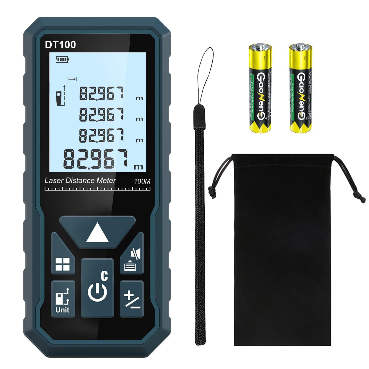 Laser Distance Meter 100m, DT100 Laser Measure 328ft with Portable Handle Digital Measure Tool Range Finder 4-Line Backlit Large LCD Display IP54 Shockproof