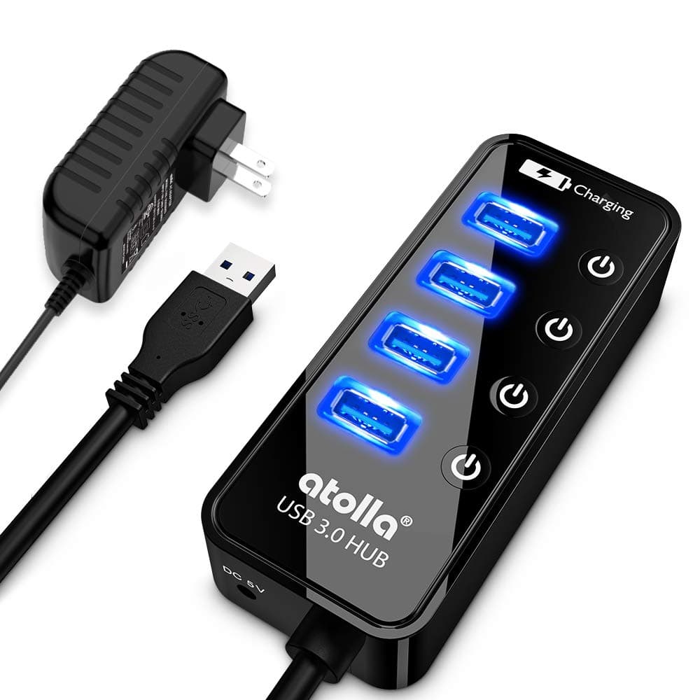4-Port USB 3.0 Hub with 4 Data Ports, 1 Smart Charging Port, Individual On/Off Switches and 5V/3A Adapter