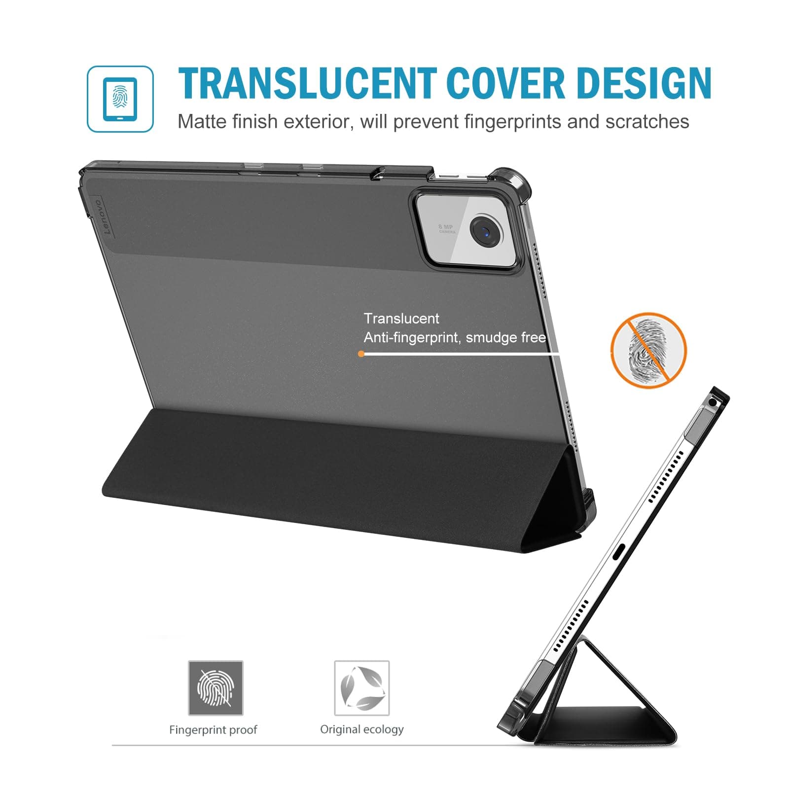 ProCase Smart Case for Lenovo Tab M11/Tab K11 LTE 11" 2024 TB330FU with Pen Holder, Slim Stand Tri-Fold Hard Shell Protective Tablet Cover Translucent Back Case Support Auto Wake/Sleep -Black