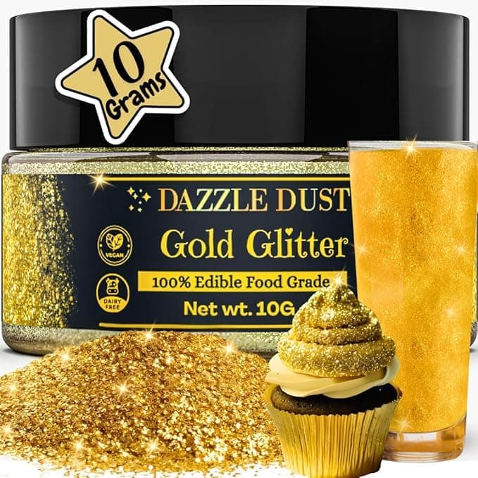 Dazzle Dust Edible Glitter Sprinkles for Cake Decorating, Drinks, Cookie, Icing, Dessert Decorations, Sparkly Luster, Food-Grade, Vegan, Gluten Free, Kosher, Bulk 10g, Gold