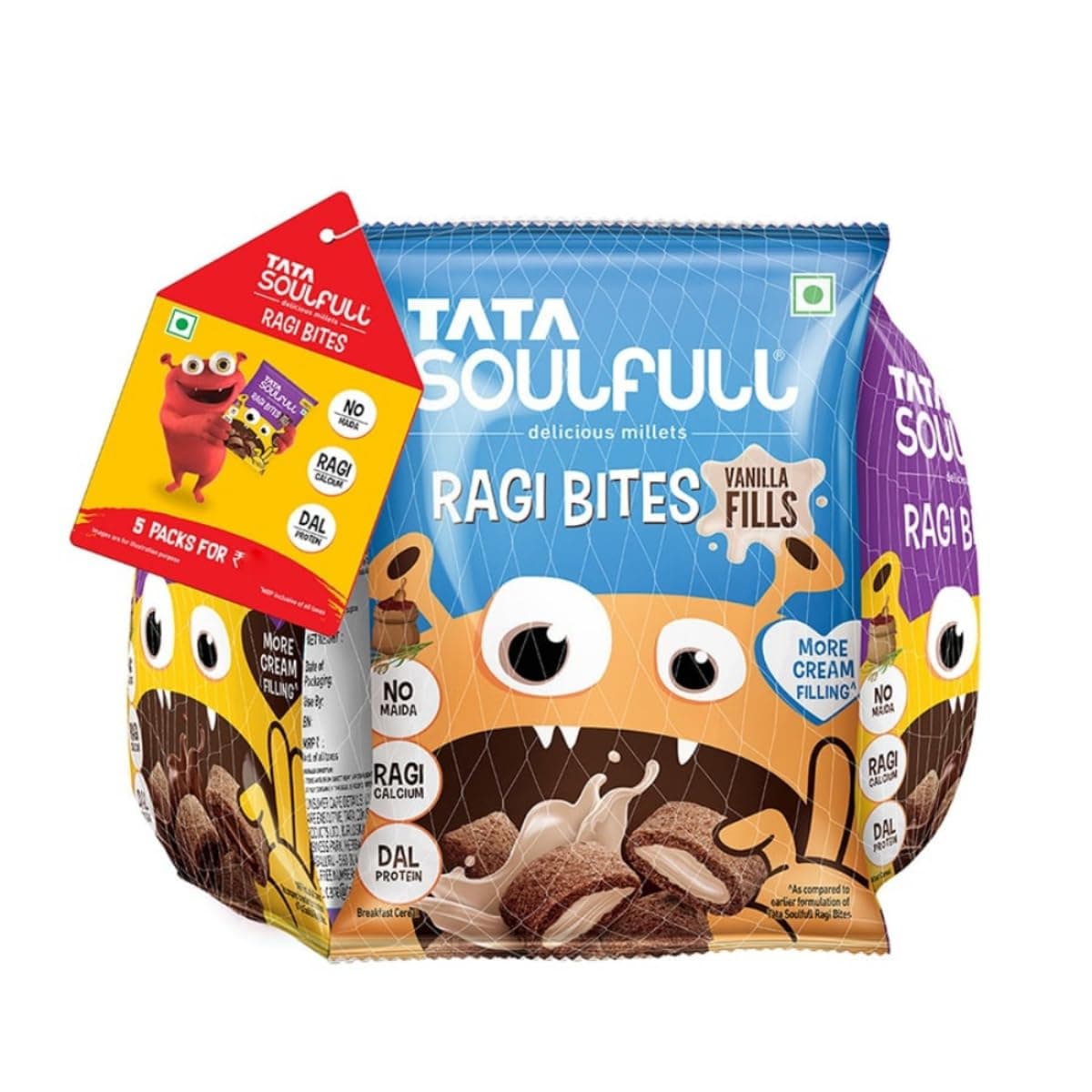 Tata Soulfull Ragi Bites Combo Pack, 140g (28g x5), Choco Fills, Vanilla Fills & Strawberry Fills, No Maida, Ragi Calcium, Dal Protein, Delicious Millets, Breakfast Cereal