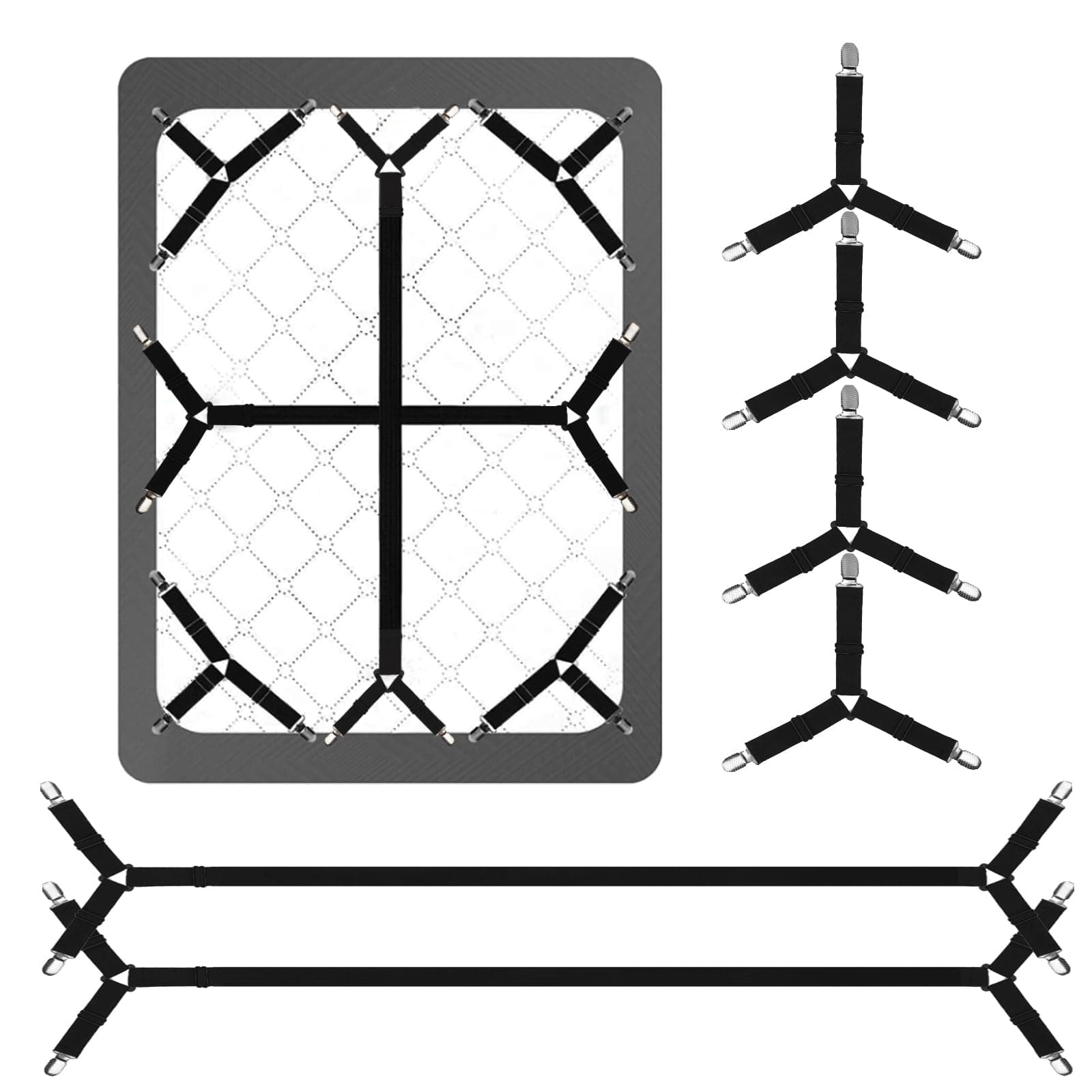 Bed Sheet Straps,6 PCS Secure and Fitted Sheet Straps for Full Size Bed,Adjustable Sheet Clips Elastic Fasteners Holders for Corners,Enhance Your Sleeping Experience(Black)