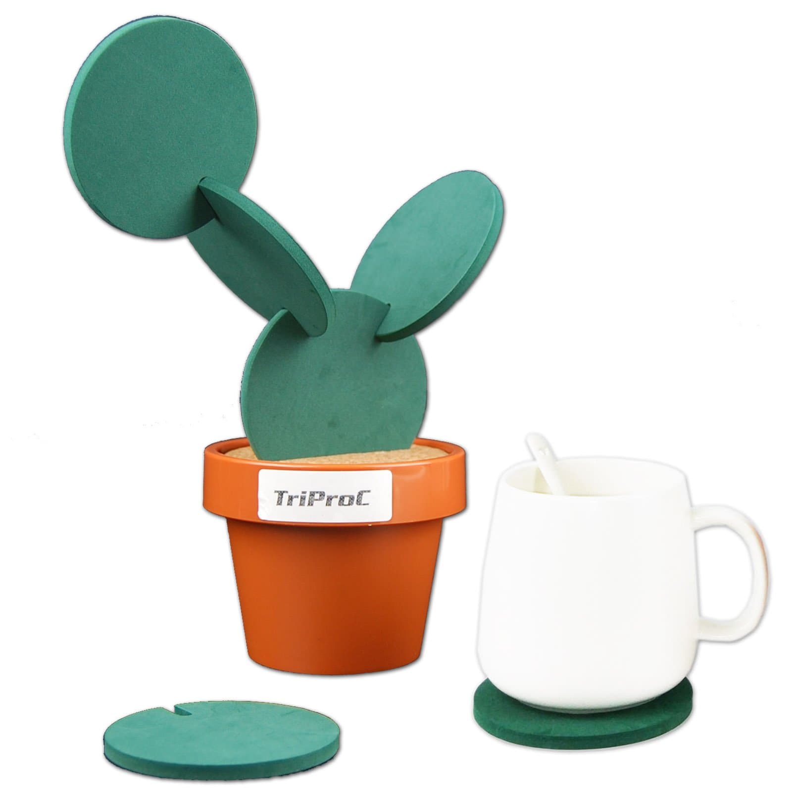 TriProC Original Gift DIY 6-piece Cacti Cup Coasters Set with Flower Pot Shaped Holder For Home Decoration
