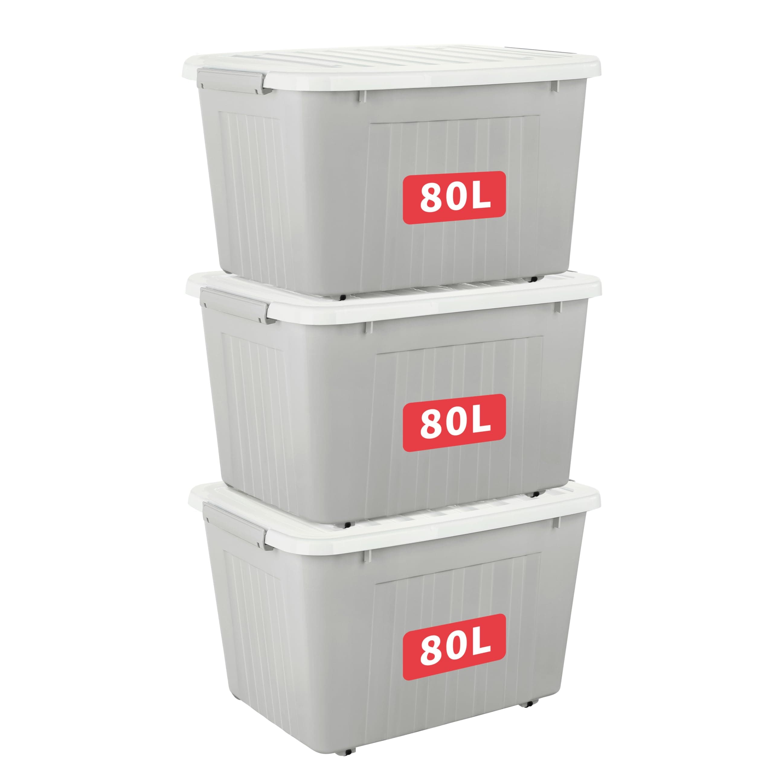80L*3 Storage Boxes with Wheels, Plastic Storage Box with Lid, Latching Buckles, Click Closure, Stackable, Nesting, Durable Organizer for Home Office Clothes, Gray, 80L-3 Pack