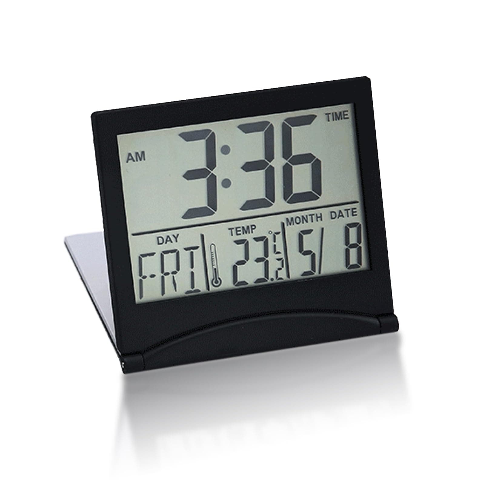 Digital LCD Clock Alarm Travel Foldable Desk Clock Bedside with Date, Day, and Temperature Display Father's Day Creative Portable Compact Office Small Gifts, Battery Operated – Black