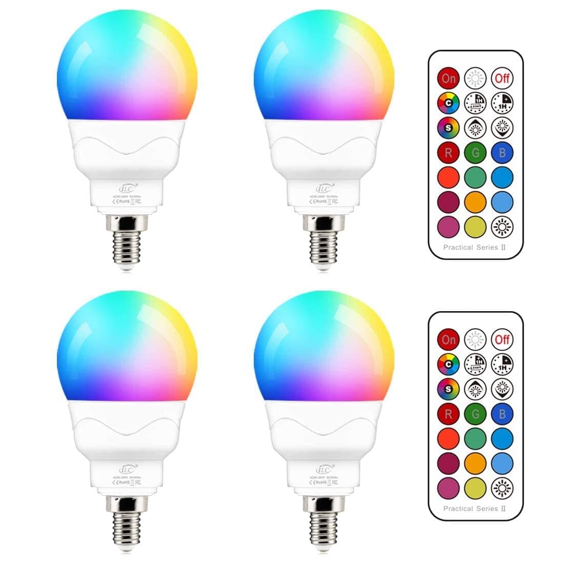 iLC E14 LED Light Bulb, 5W, RGB Colour Changing, 40W Equivalent Incandescent, 2700K Warm White SES Small Edison Screw Golf Ball Candle Bulbs Remote Controls (4 Packs)
