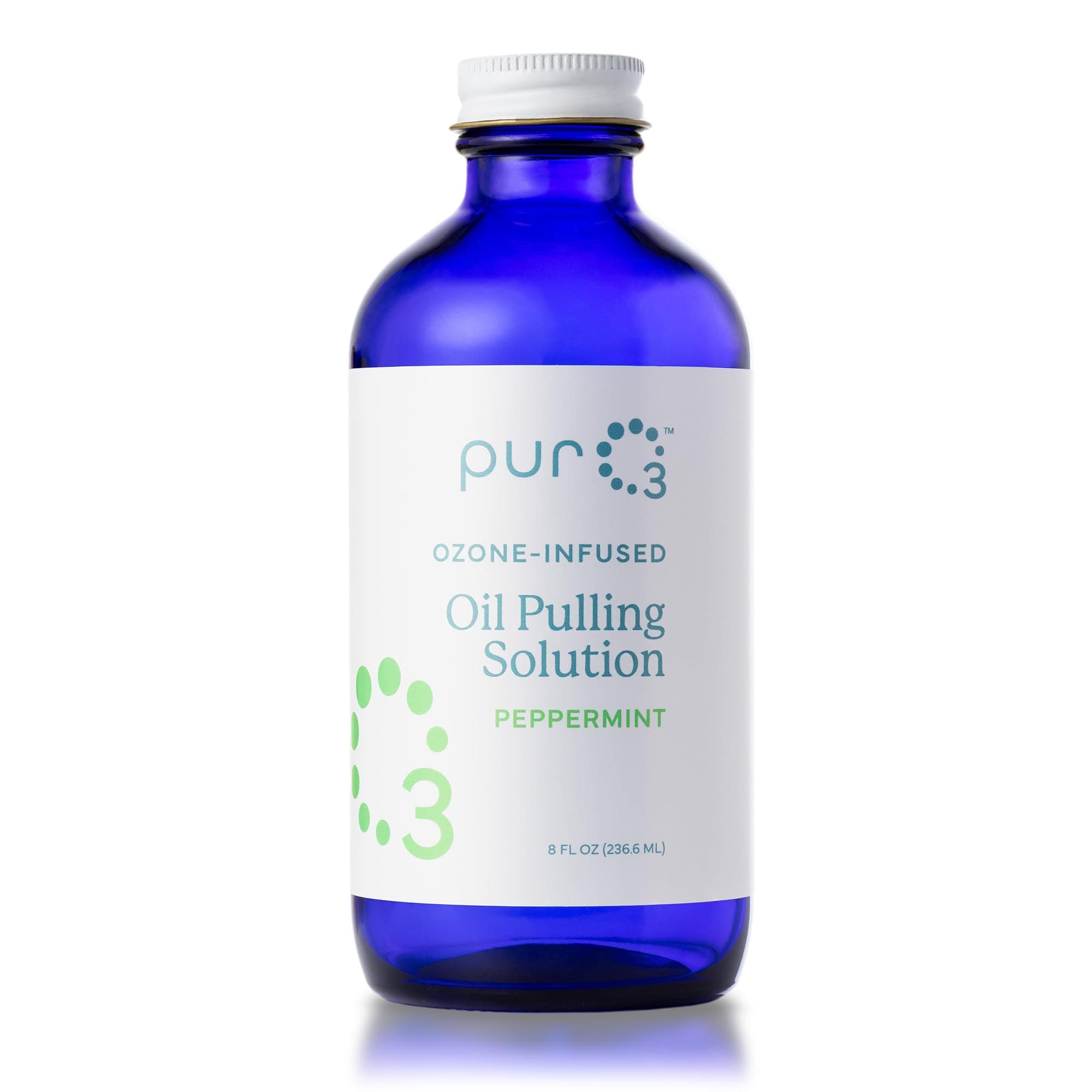 PurO3 Ozonated Oil Pulling Solution - Organic, Ozone Infused Coconut, Sesame, Sunflower, & Peppermint Essential Oils for Teeth & Gums - Fluoride-Free, Non-Toxic & Non-GMO Oral Care, 8 oz