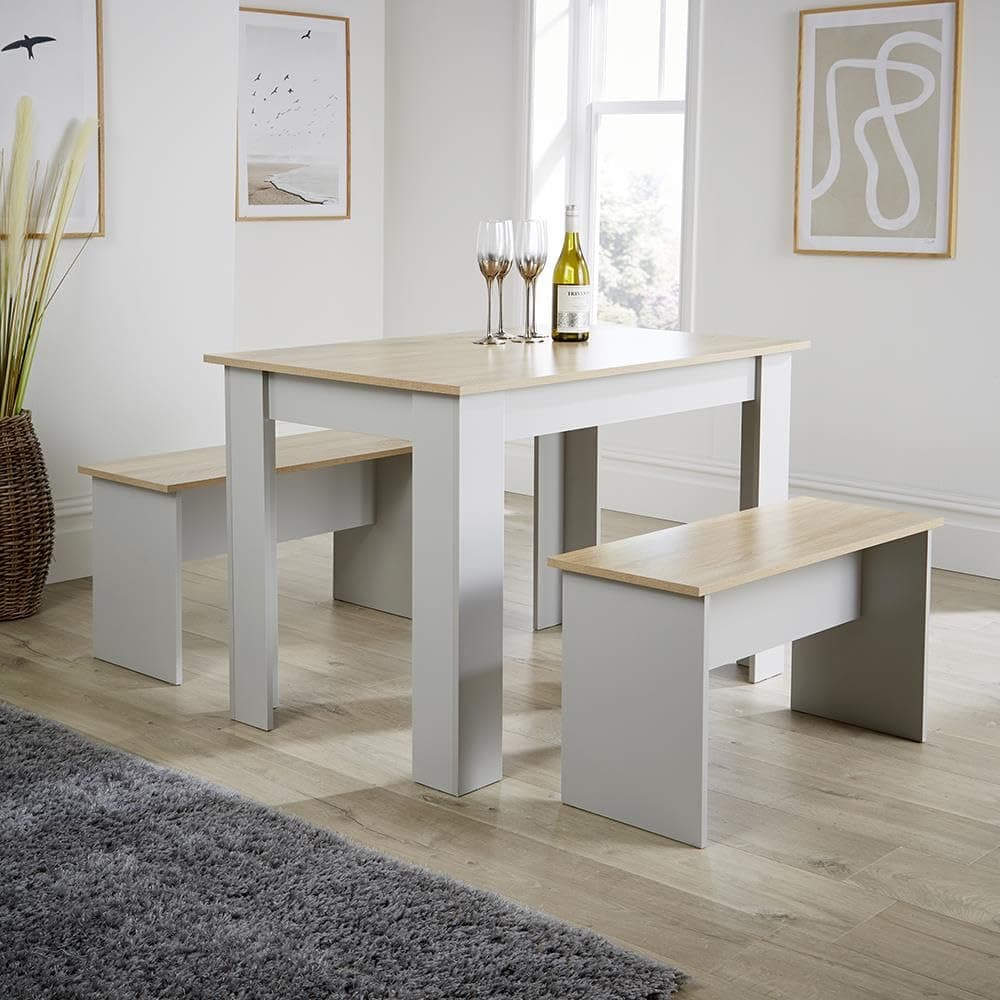 Kitchen Dining Table, 2 Benches to Seat 4, Oak Effect Top, Grey