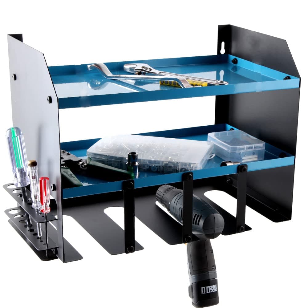 Power Tool and Drill Storage Unit Charging Station for 4 Tools and 2 Shelf - Wall Mount Toolbox Rack Cabinet for Workshop Organiser with Side Screwdriver Storage Rack for Garage, Home, Workshop (Blue)