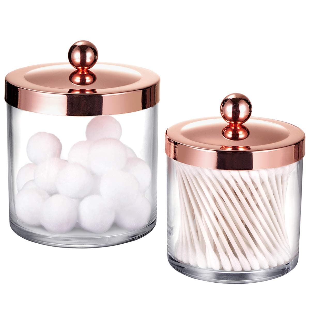 Premium Quality Plastic Apothecary Jars - Qtip Holder Bathroom Vanity Countertop Storage Organizer Canister Clear Acrylic for Cotton Swabs,Rounds, Balls,Makeup Sponges,Bath Salts / 2 Pack (rose gold)