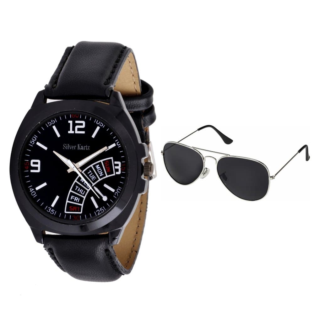 Week-Dome Watch and Silver-Black Aviator Combo for Men & Boys (ws-20-4)