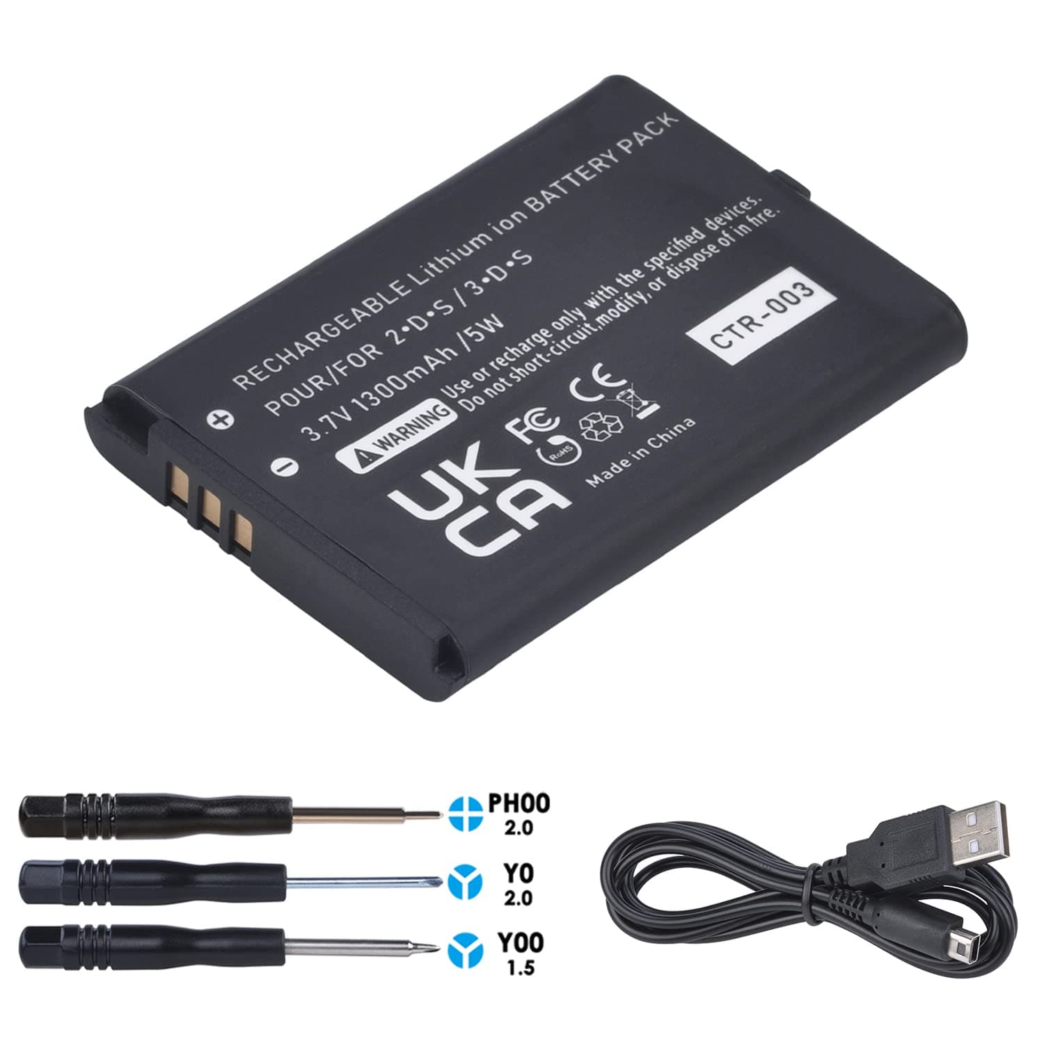 Tectra 1300mAh CTR-003 CTR003 Battery Compatible with Nintendo 3DS 2DS Gaming Console + Charging Cable(Not Compatible with New 3DS and 3DS XL)