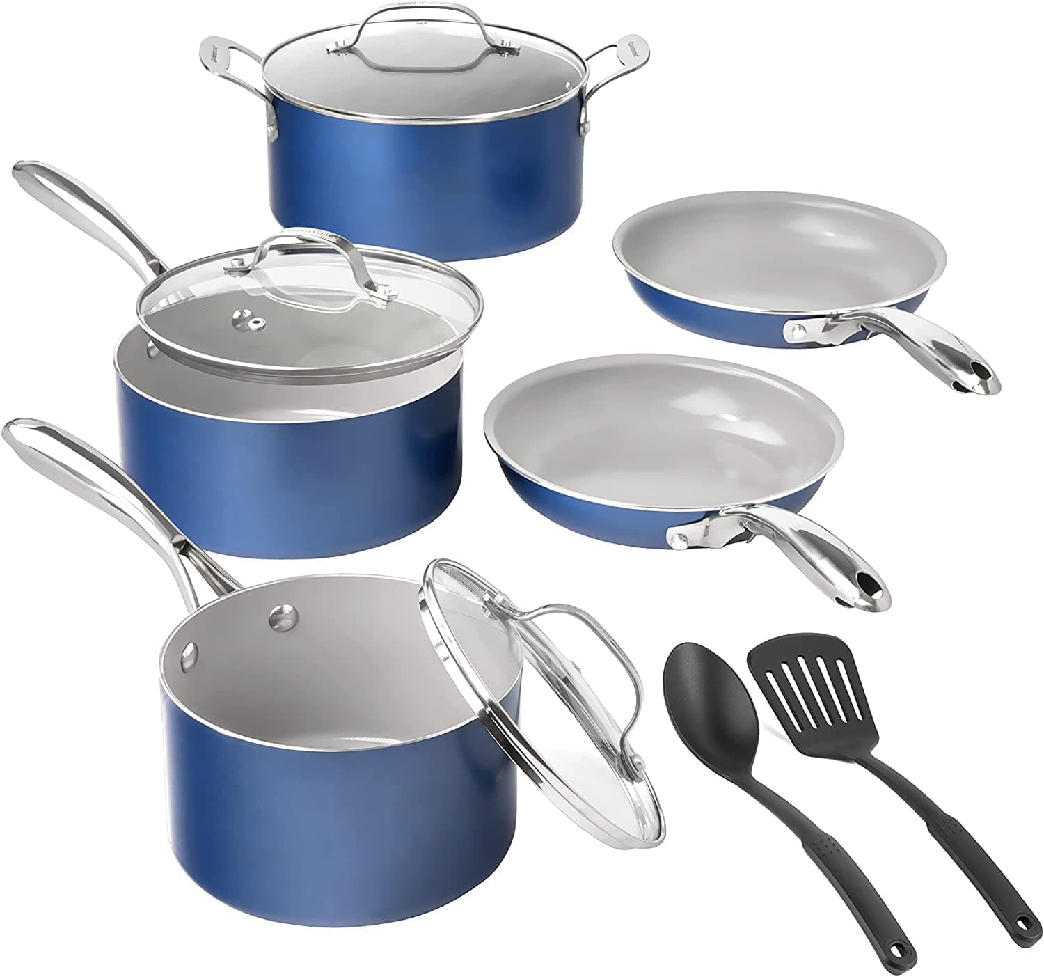 Granitestone Blue 10 Piece Nonstick Cookware Set - Pots, Pans, and Kitchen Sets - Ceramic, Dishwasher Safe