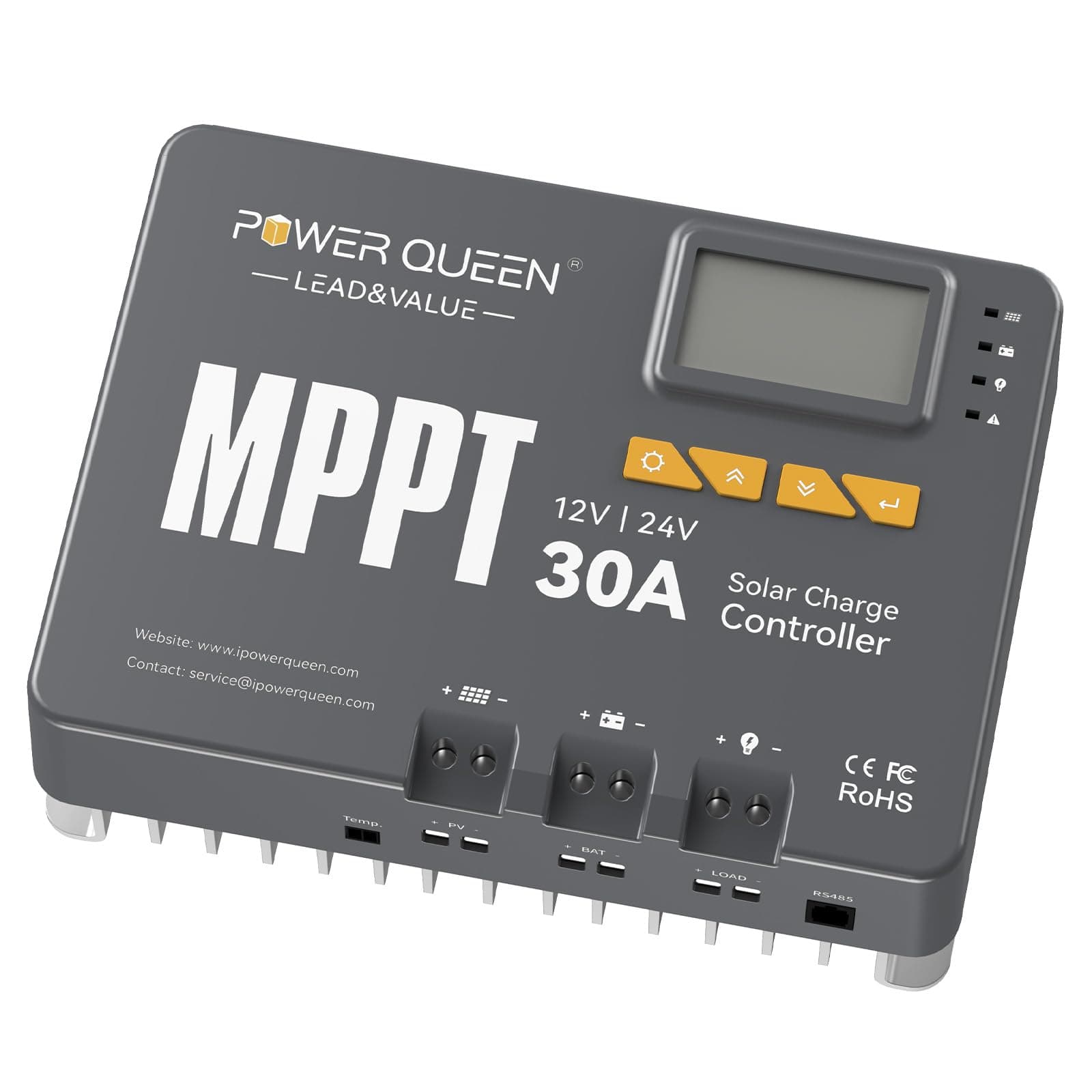 Power Queen 12/24V 30 Amp MPPT Solar Charge Controller with Built-in Bluetooth, Support Remote Monitoring, Default for LiFePO4 Batteries and Compatible with Sealed, Flooded, Gel and Lead-Acid Battery