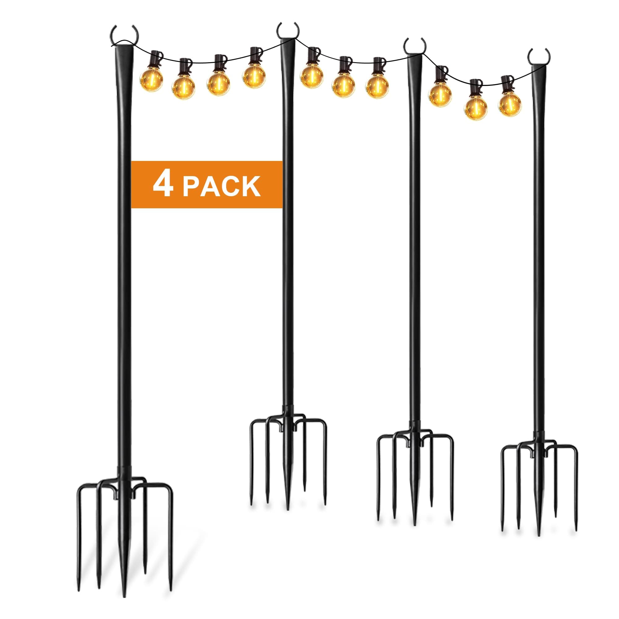 4 Pack String Light Poles for Outside, Thickened Metal Christmas Lights Hanger Pole Outdoor with Fork, Lighting Hanging Post Accessories for Patio Decor Garden Backyard Yard Outside Decorations