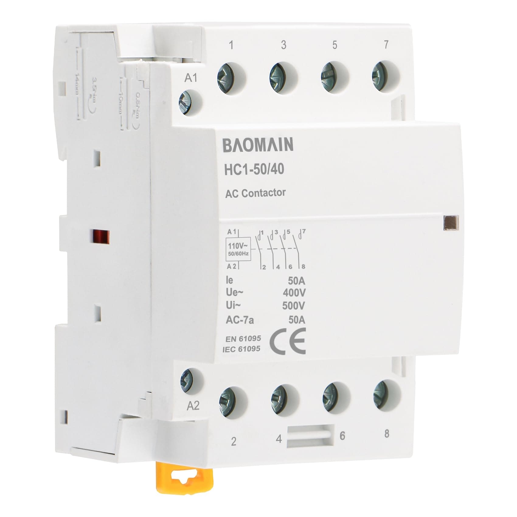 Baomain 110V AC 4-Pole Modular Contactor, 50A 4NO Normally Open, DIN Rail Mount for HVAC, Motor, Pump & Lighting Control BCT-50/40, HC1-50/40-110VAC