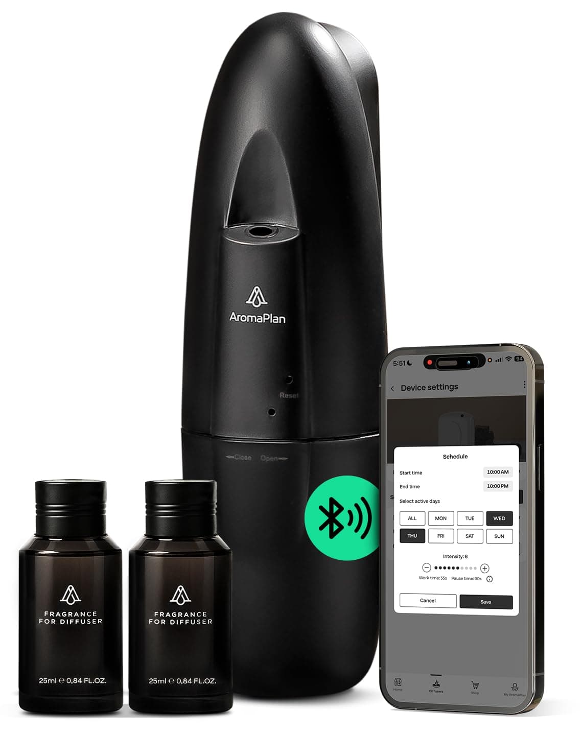 AromaPlan 5 Star Collection Plug in Diffuser (2 Fragrances Included)-Cold Air & Waterless Diffusers for Home & Office- Silent Wall Diffuser Plug in, Bluetooth App Control, 1000 sq. ft (Black)