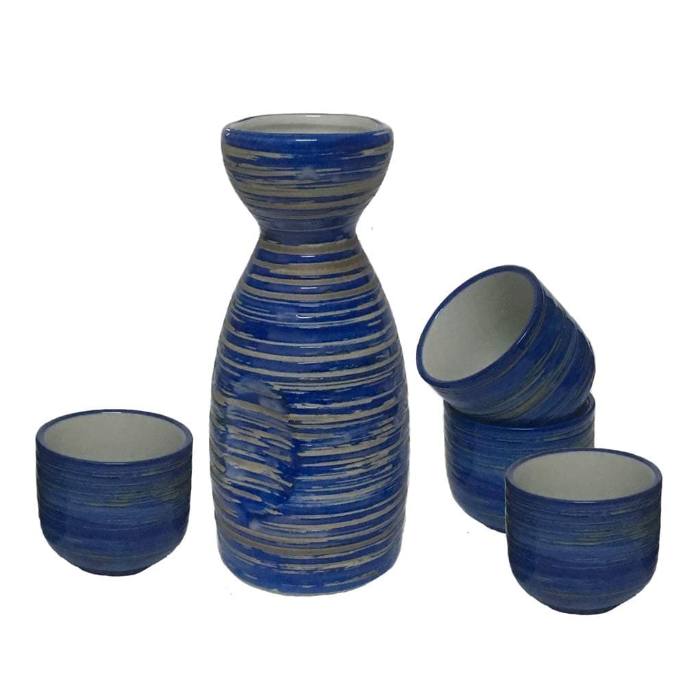 KCHAIN Ceramic Sake Set 1 Piece Sake Bottle 7oz and 4 Piece Sake Cups 1.7oz Sky Blue and Pure White Color