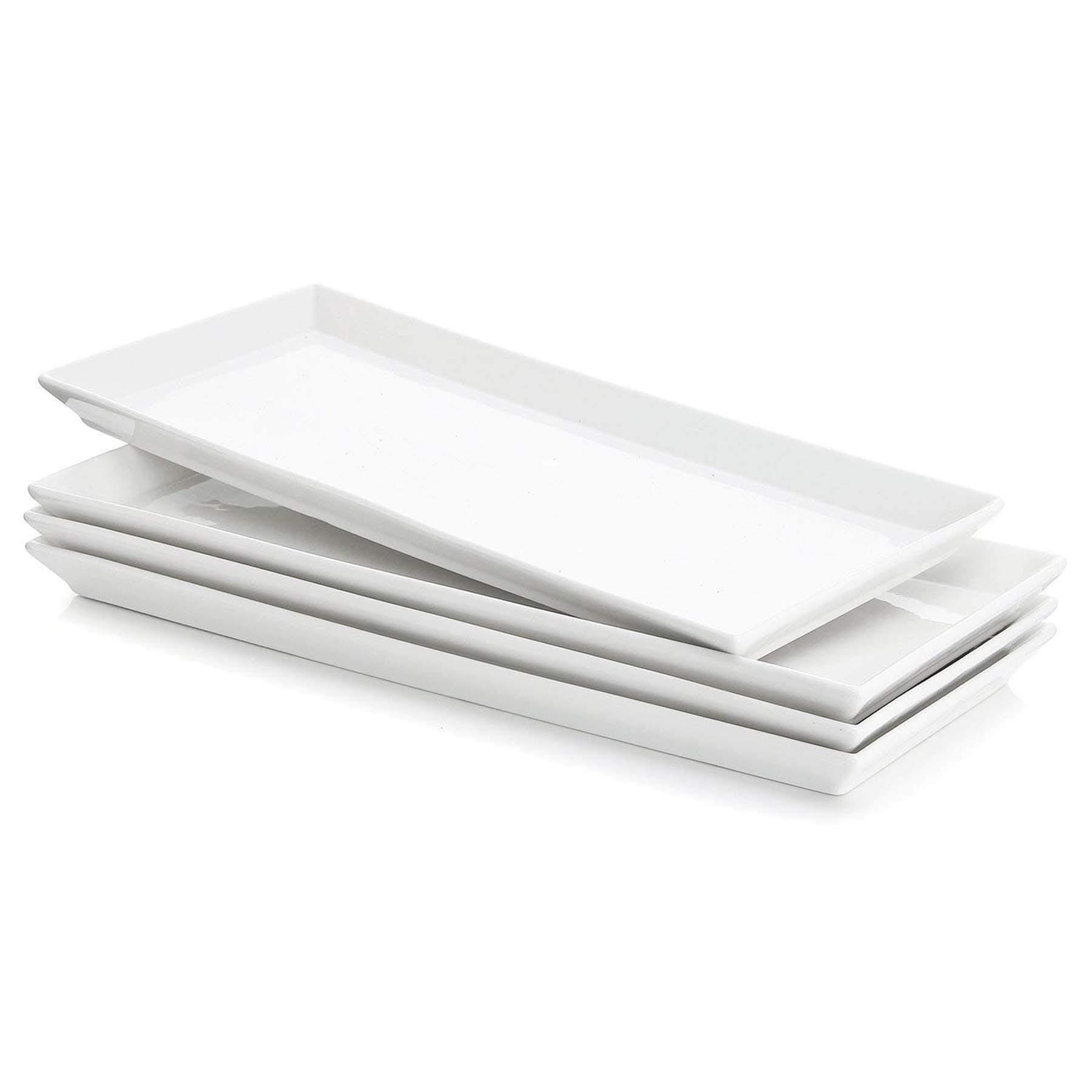 Rectangular Porcelain Platters, Serving Trays for Parties, 13.8 Inch Large Serving Dishes for Steak, Taco, Sushi, Appetizer, Cake - Dishwasher & Oven Safe - Set of 4, White