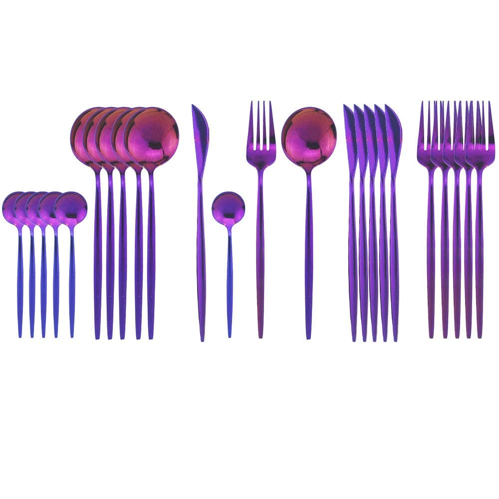 JASHII Silverware Sets, 24-Piece Stainless Steel Flatware/Cutlery/Tableware Set Service for 6 Person, Include Knife/Fork/Spoon, Mirror Polished (Purple)