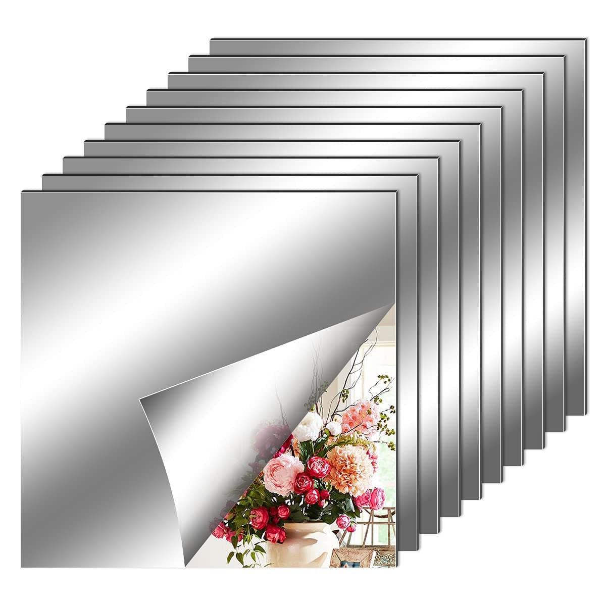 10 Pack Mirror Wall Stickers, 8 x 8 Inch Self Adhesive Flexible Non Glass Plastic Sticky Tiles for Home Wall Decoration