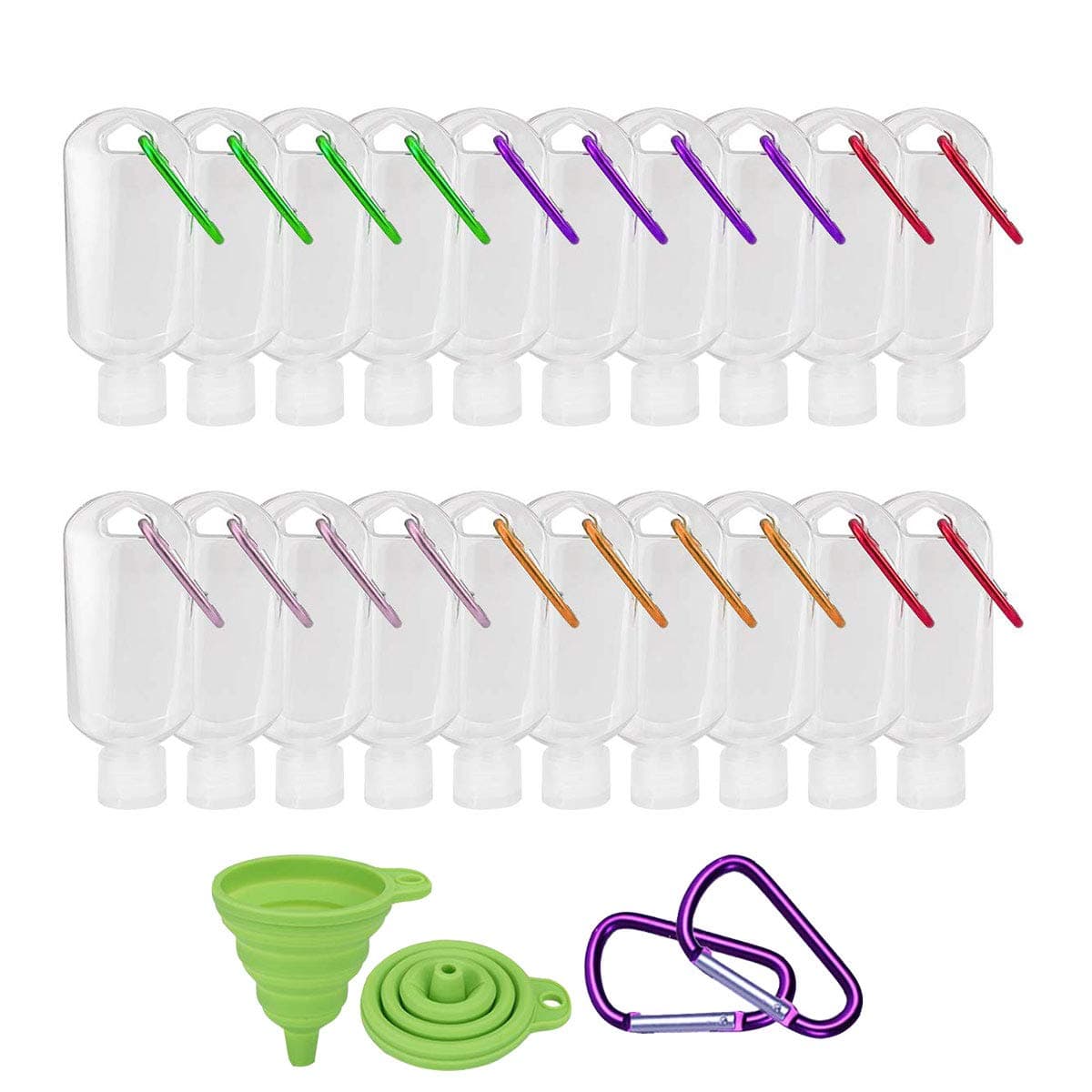 Crenics 20 Pack Travel Plastic Clear Keychain Bottles Leakproof Empty Squeeze Containers Flip Cap TSA Approved Buckle-Random Colors(60ml/2oz)