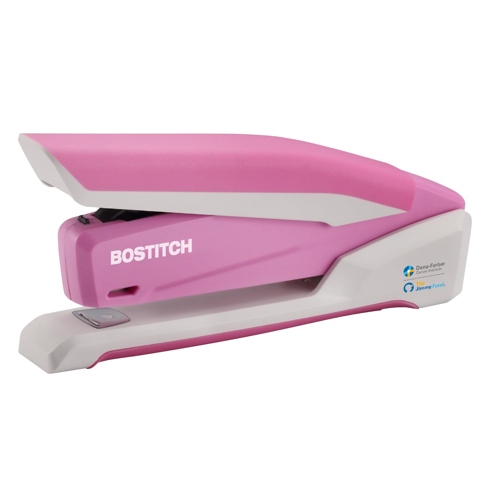 Bostitch Office InPower Spring-Powered Desktop Stapler, 20 Sheet Capacity, One Finger Stapling, Includes 210 Staples, Jam Free, Opens for Tacking, Breast Cancer Awareness Pink