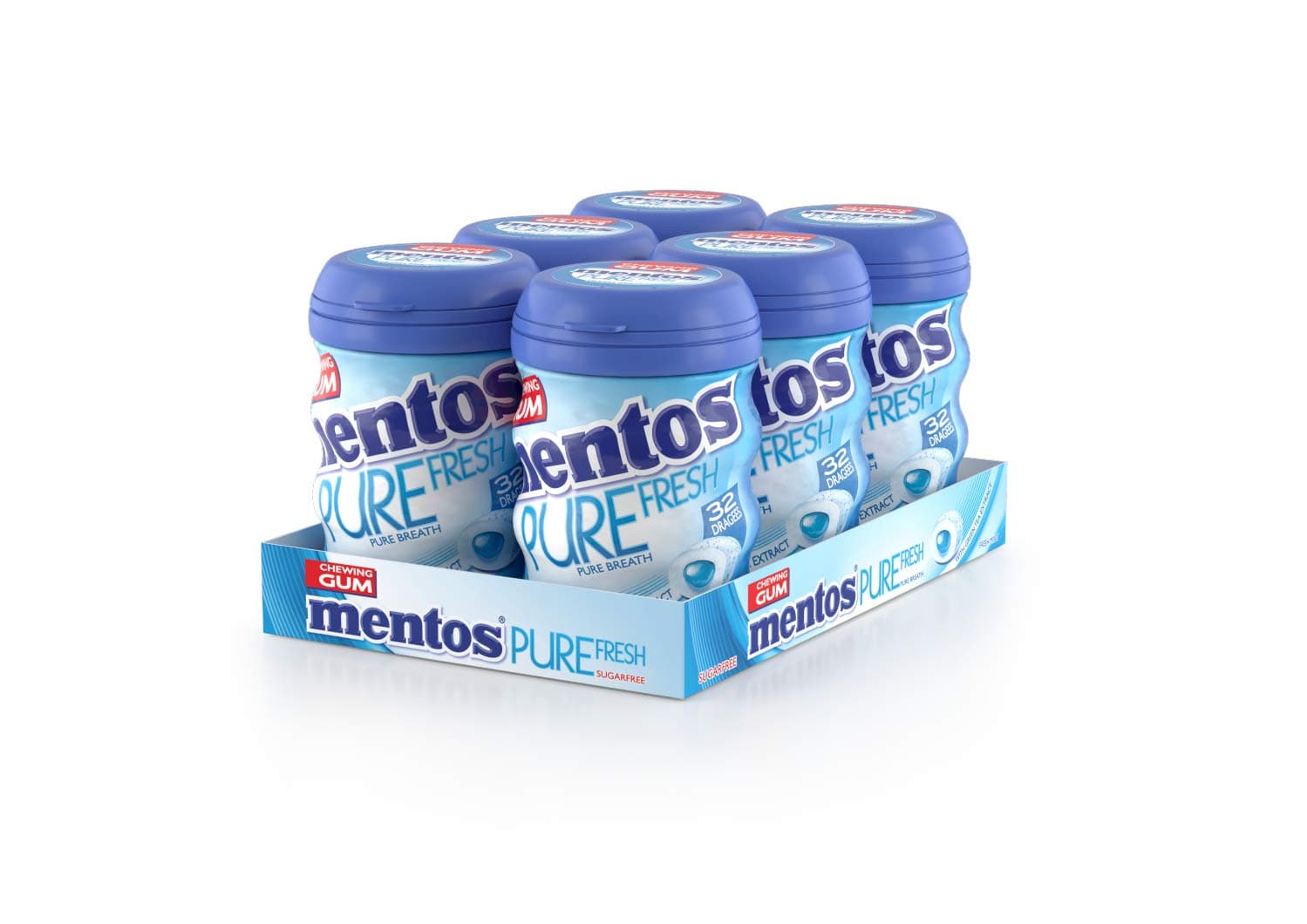 Mentos Pure Fresh Chewing Gum - Fresh Mint Flavour - Sugar Free - Great for Creating Fresh Memories - 32-piece Bottles (Multipack of 6 Bottles)