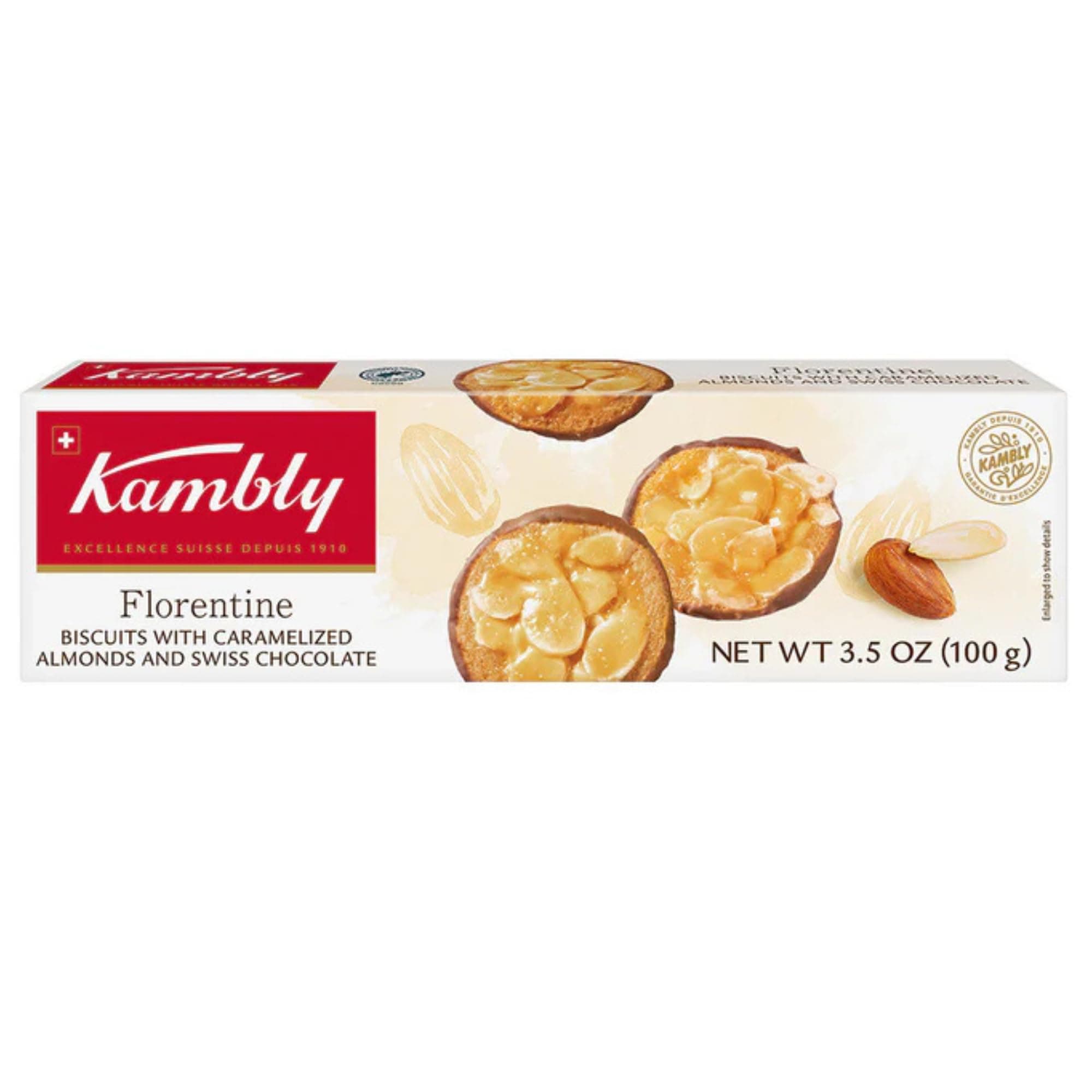 Kambly Florentine Biscuits, 3.5 oz | Biscuits with Caramelized Almonds & Swiss Chocolate | Product of Switzerland