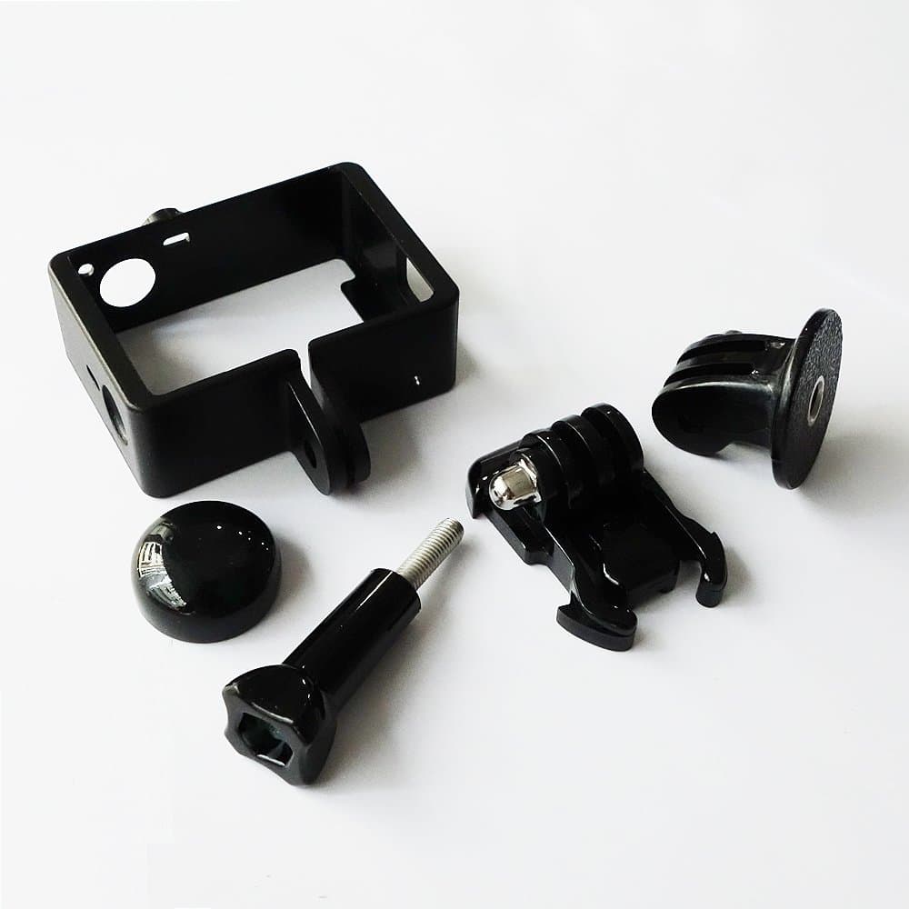 Moonshuttle Frame Mount(Wide Side Open) Compatible for Gopro 4 3 and Tripod Mount and Quick Release Buckle and Lens Cap Bundle Set w/o backpack