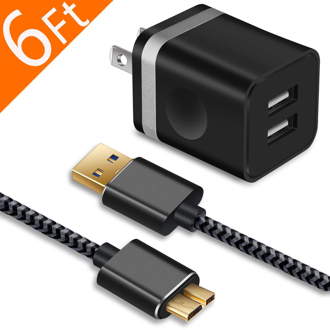 Galaxy S5 /Note 3 Charger, WITPRO 6Ft Durable Braided Fast Charging Cable and 2.1A/5V Dual USB Wall Charger Plug Compatible with Samsung Galaxy S5, Note 3 /Tab Pro 12.2 (Black)