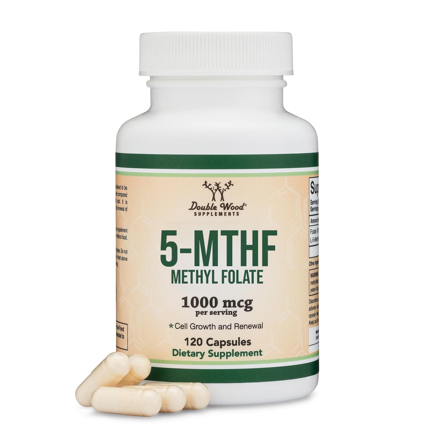 Methylfolate 1,000mcg, 120 Capsules (Third Party Tested Methyl Folate Supplement) Methylated Folate is a More Active Form of Folate Than Folic Acid (Non-GMO, Vegan Safe) by Double Wood