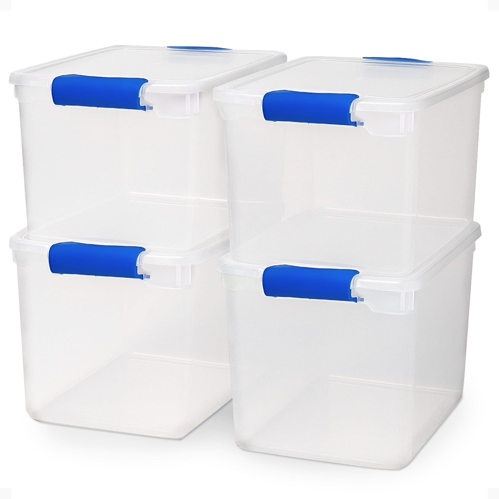 4-Pack 31 Quart Latching Lid, Clear Plastic Storage Organizer Bins, Blue – Stackable Containers for Home & Office Shelves, Kitchen, Garage, and Bathroom Organization