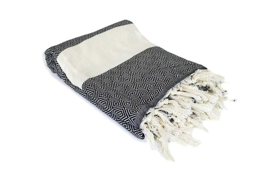 INDULGE Peshtemal Fishbone Pattern - Multifunctional Flat Woven Turkish Towel - a Throw - Blanket - Pareo - Sarong - Beach Towel - Yoga Mat (100% Cotton) (1, black)