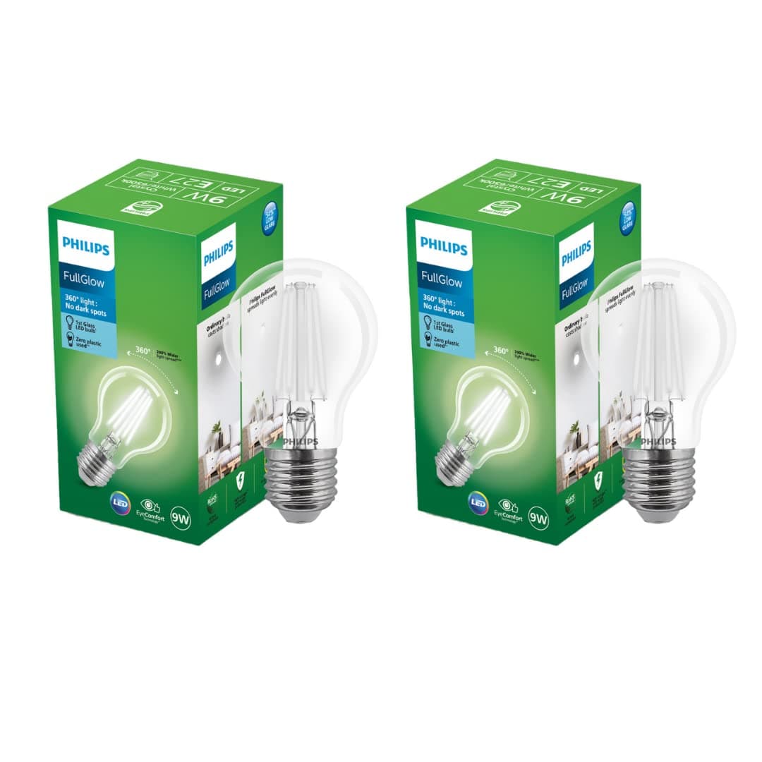 Philips 9-watt LED Clear Glass Light Bulb | Bulb Base: E27, 850 Lumen Full Glow Clear LED Bulb for Home Decoration | Crystral White, Pack of 2