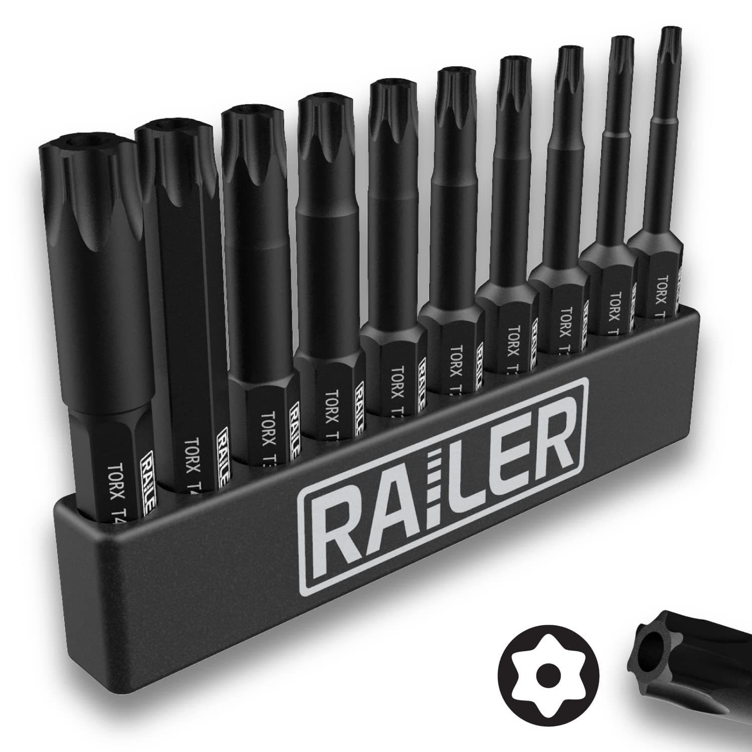 Tamper Proof TORX Bit Set, Railer 10-Piece 6 Point TORX Security Screwdriver Bit Set. S2 Steel Impact Driver 2" Star Bit Set (T8, T9, T10, T15, T20, T25, T27, T30, T40, T45)