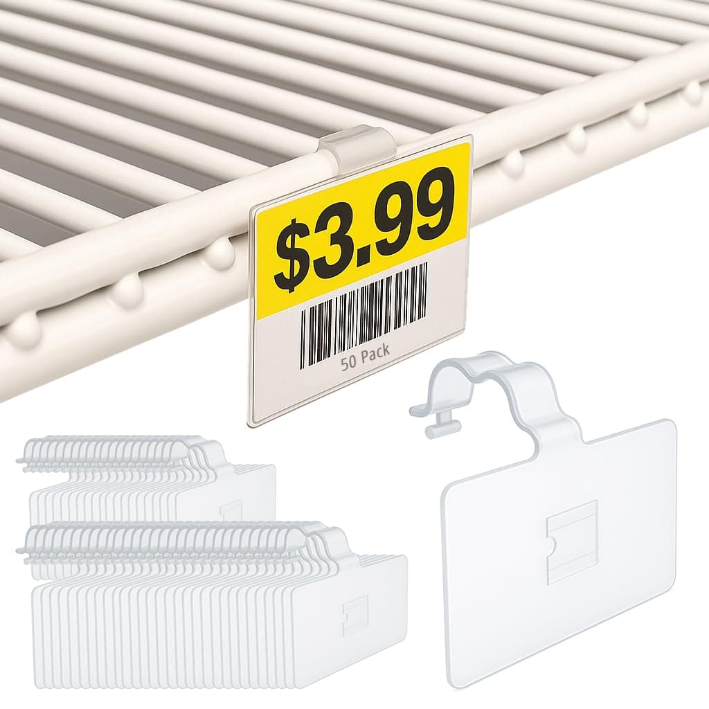 2.25" L x 1.25" H Plastic Cooler/Refrigerator UPC Label Holder Clip Organizer for Double Wire Fridge Shelf - 50 Pack