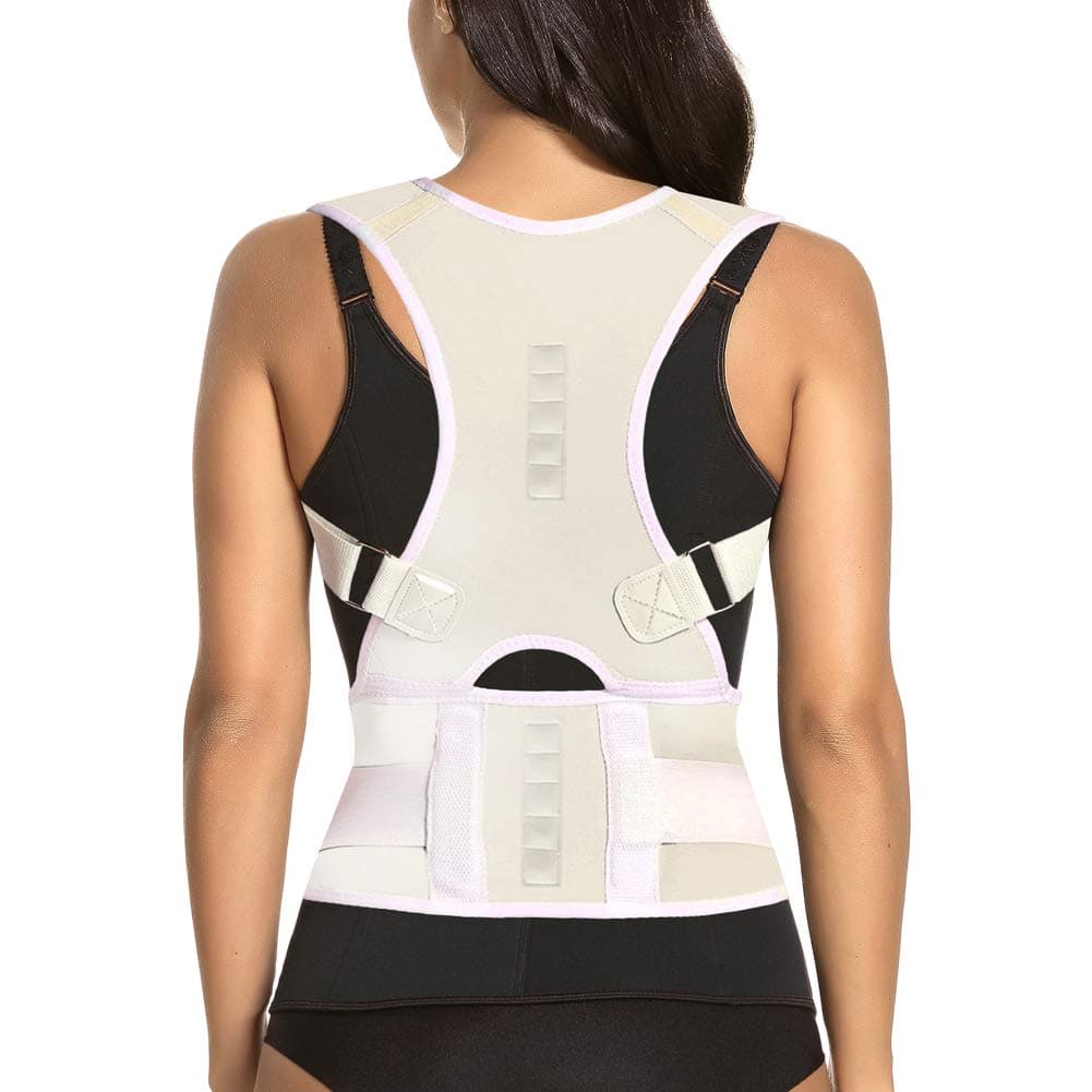 Thoracic Back Brace Posture Corrector - Magnetic Support for Neck Shoulder Upper and Lower Back Pain Relief - Perfect Posture Brace for Cervical Lumbar Spine - Fully Adjustable Belt (Beige, Medium)