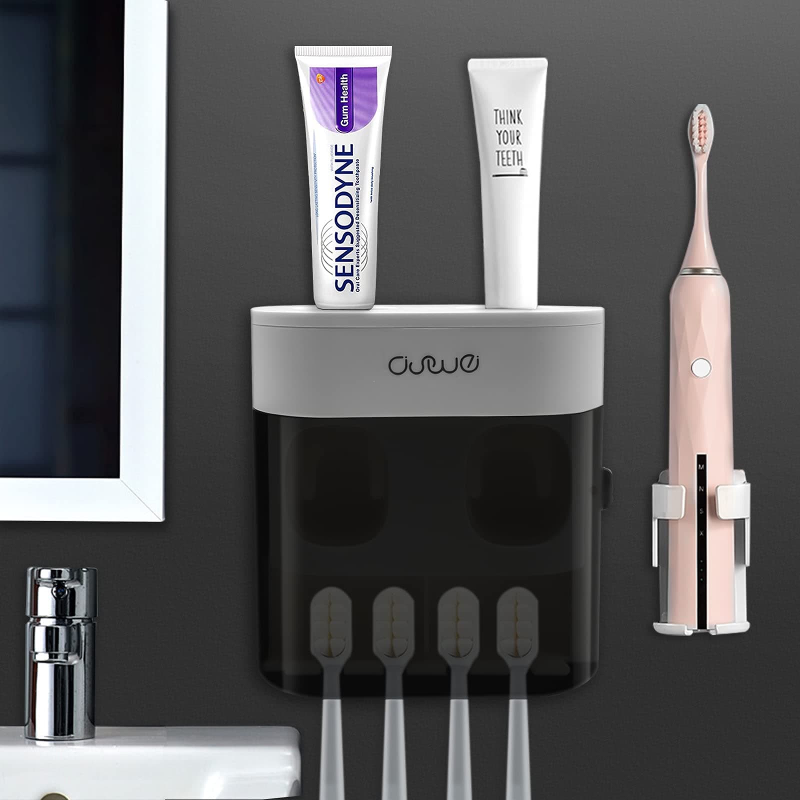 ARCHAEOPTERYX Toothbrush Holder Wall Mounted,Automatic Toothpaste Dispenser Toothbrush Organizer With Dustproof Cover, 4 Toothbrush Slots,1 electric toothbrush Holder, 2 Toothpaste Squeezers(No Drill)