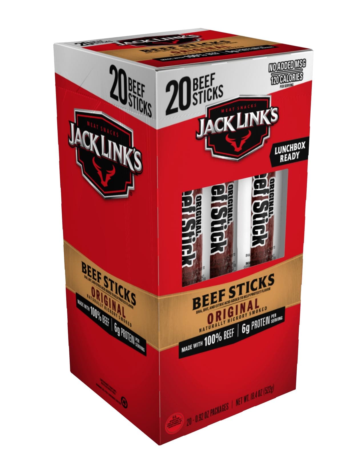 Jack Link's Original Beef Sticks - Made with 100% Real Beef - Ready to Eat Real Meat Protein Snacks - 5g Protein per Serving - 0.92 oz Meat Stick