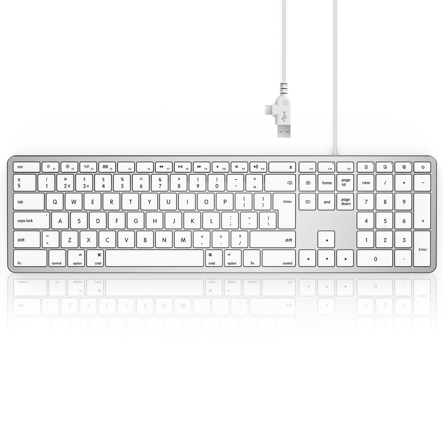 Seenda JP208 Wired Keyboard for Mac OS, Slim External Full-size Keyboard with Numeric Pad & USB A and Type C 2-in-1 for Apple Mac, iMac, MacBook Pro/Air/Mini, UK Qwerty Layout - White and Silver